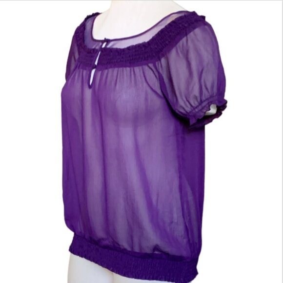 EXPRESS Sheer Peasant Style Top Smock Waist Short Sleeve Sz S Plum Purple #16F - Picture 3 of 7